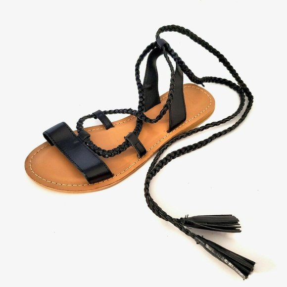 Asos Flat Black Braided Lace Up Sandals Size 6 Strappy Boho Bohemian Festival - Picture 2 of 12